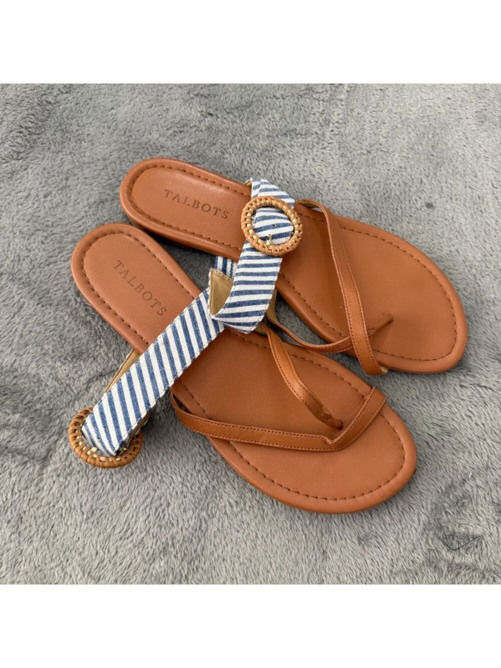 Talbots Sandals Shoes Size 9 Blue Brown White Nautical Coastal Toe Loop